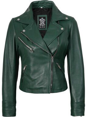 Women’s Real Lambskin Leather Asymmetrical Moto Biker Jacket- Green